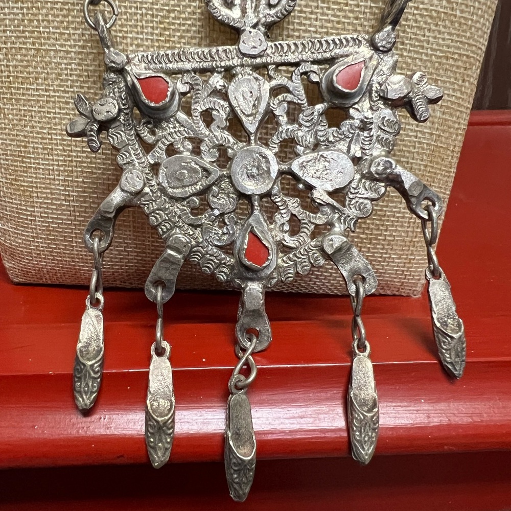Silver and Red Statement Necklace tribal